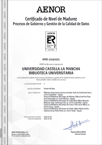 Certificado AENOR Biblioteca UCLM - ISO 3000 ISO 8000